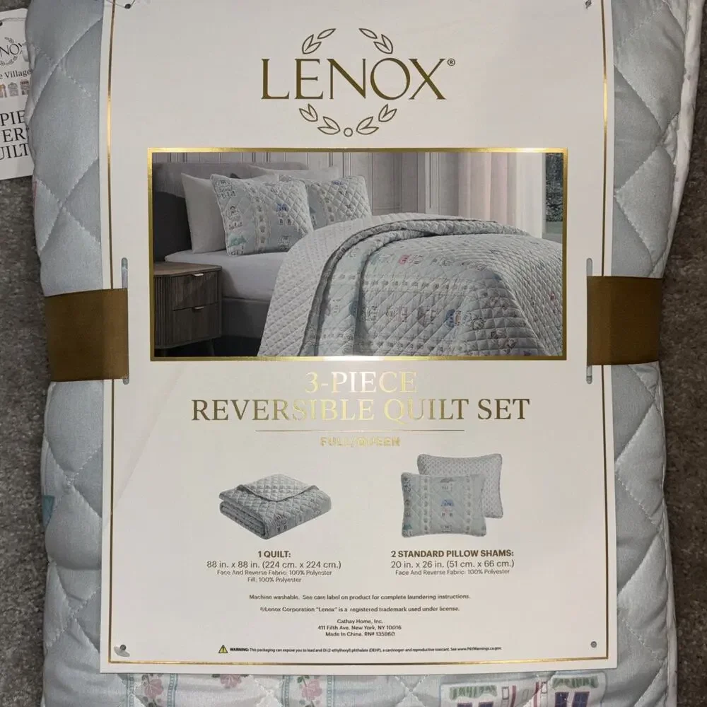 Lenox Spice Village 3 Piece Set Full Queen Reversible Quilt 2 Standard Shams NEW